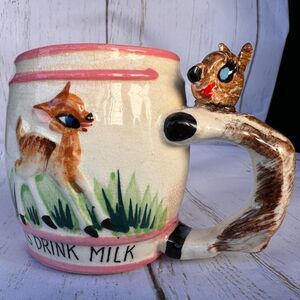 Vintage Ceramic "Always Drink Milk" Bambi Japan Cup Child's Mug Fawn Deer Chase